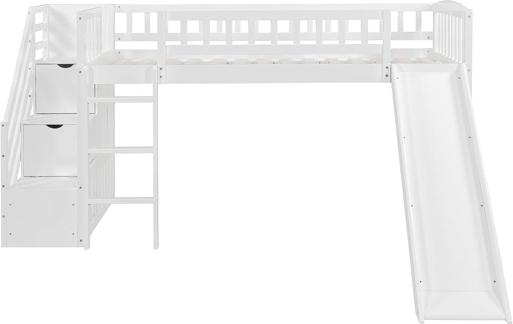 White Slide Stair Loft Bed