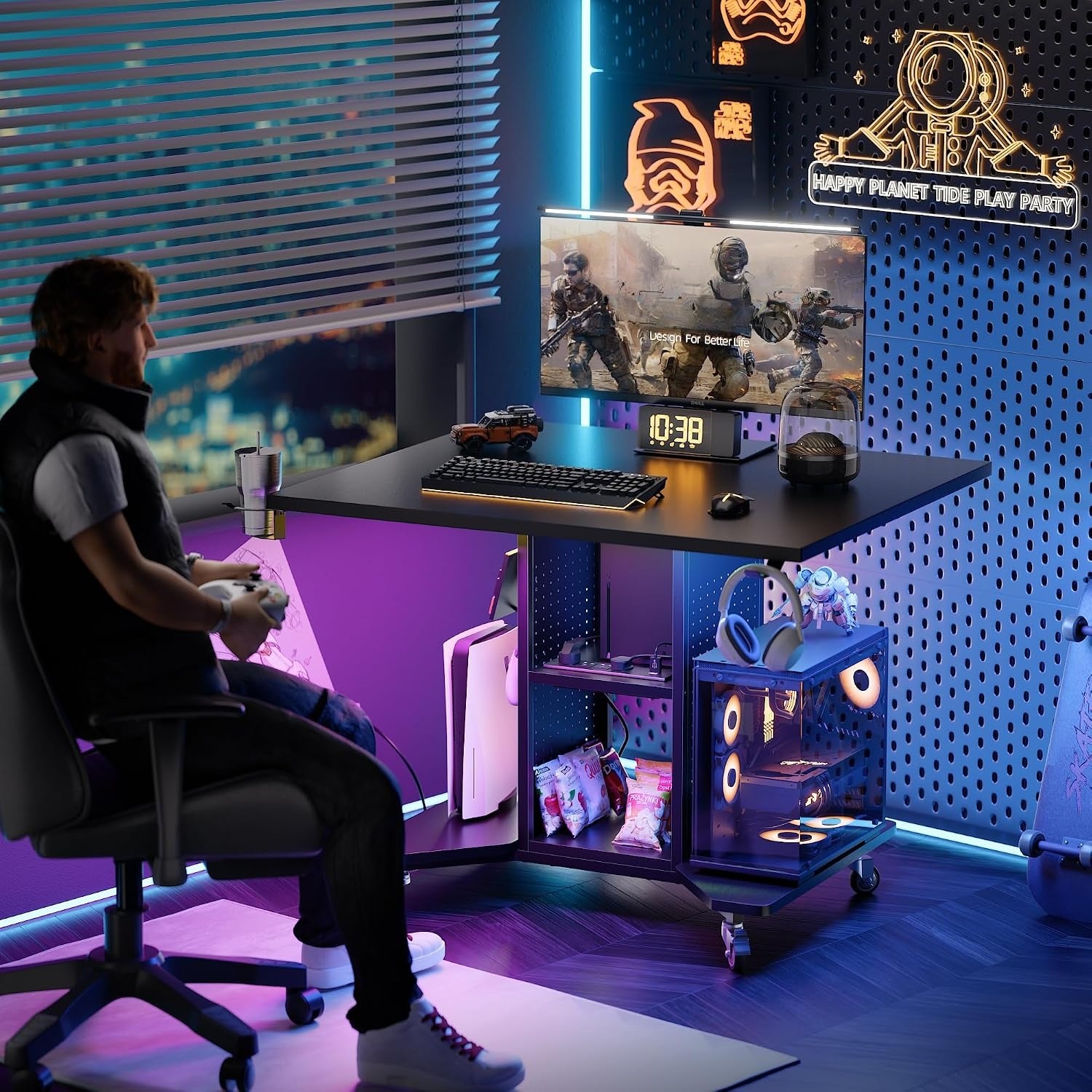Black Rolling Led Gaming Desk