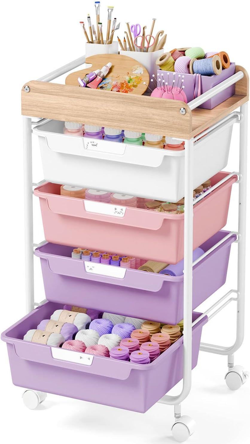 Purple Rolling Four Drawer Art Cart