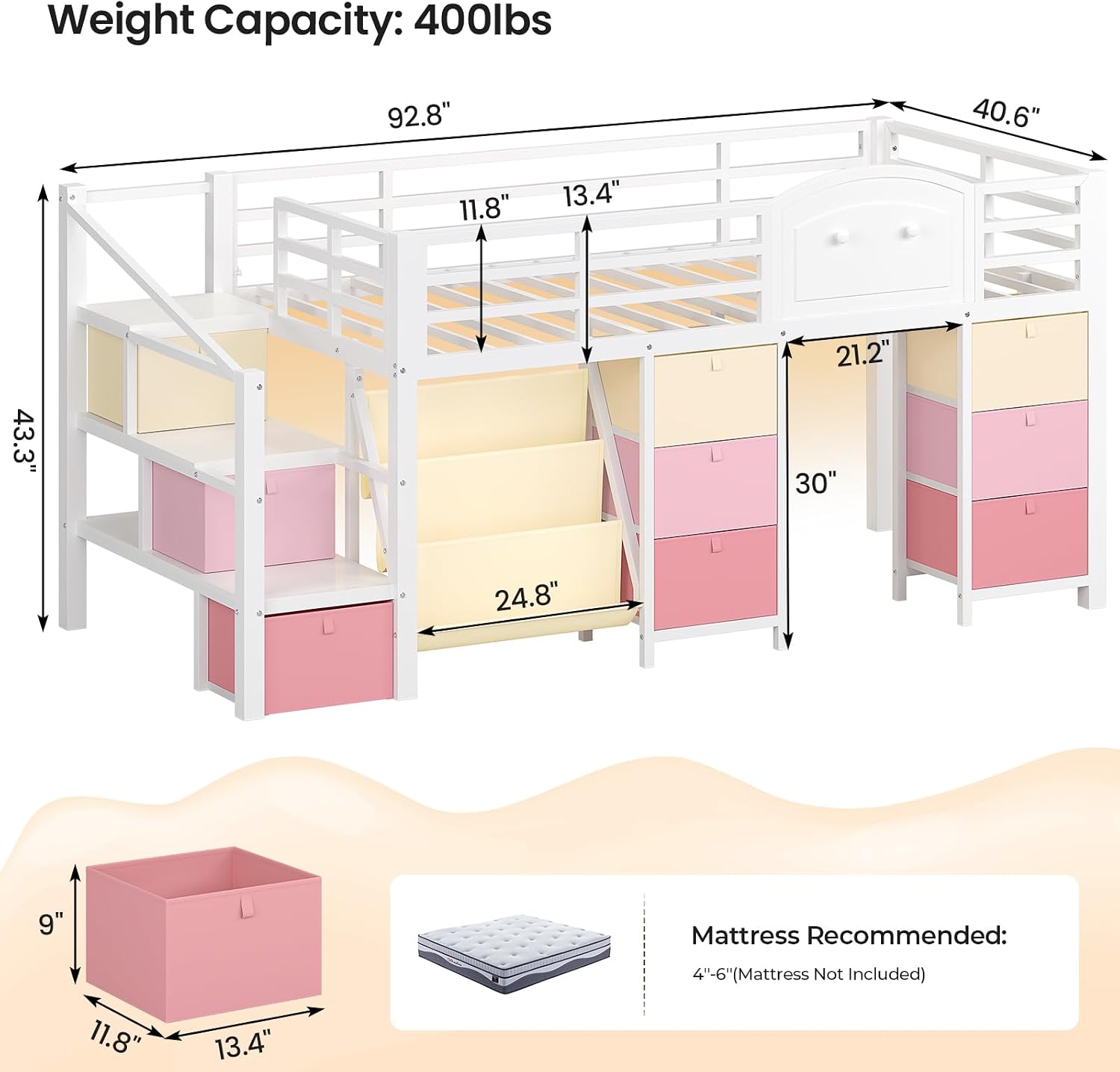 White LED Drawer Loft Bed