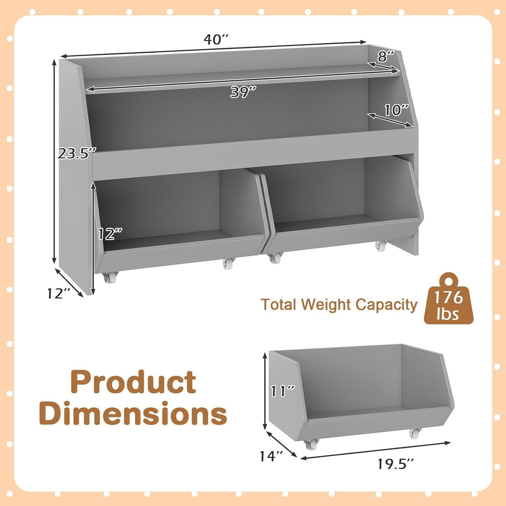 Grey Wheeled Kids Toy Storage Cabinet