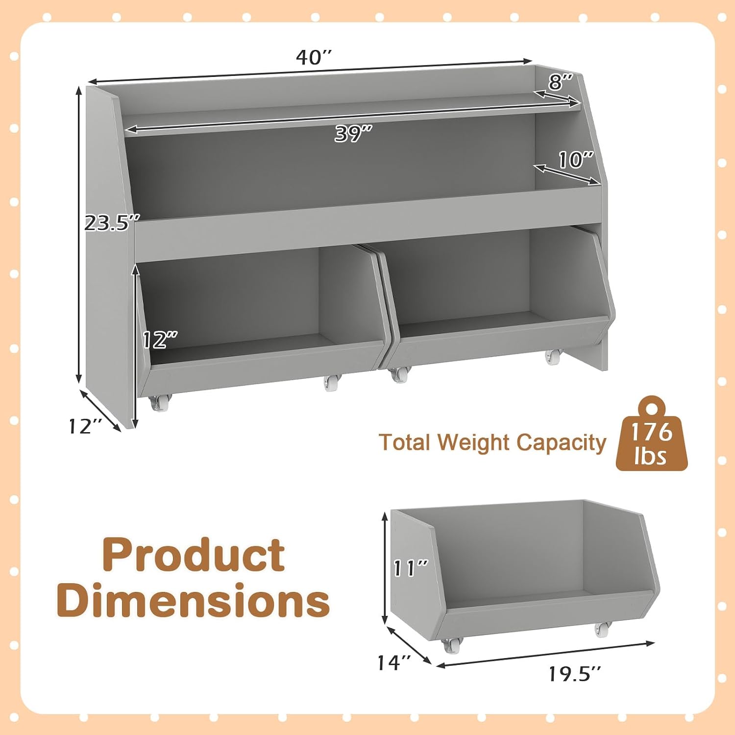 Grey Wheeled Kids Toy Storage Cabinet