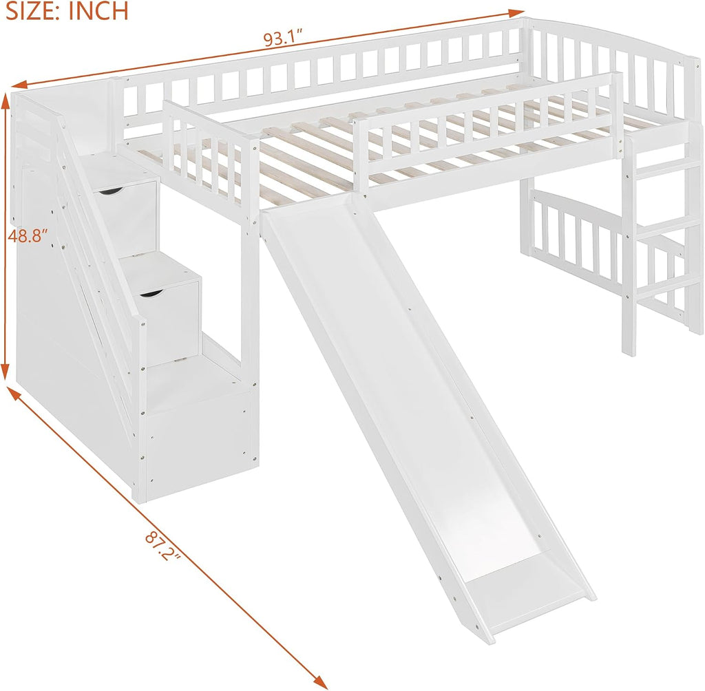White Slide Stair Loft Bed