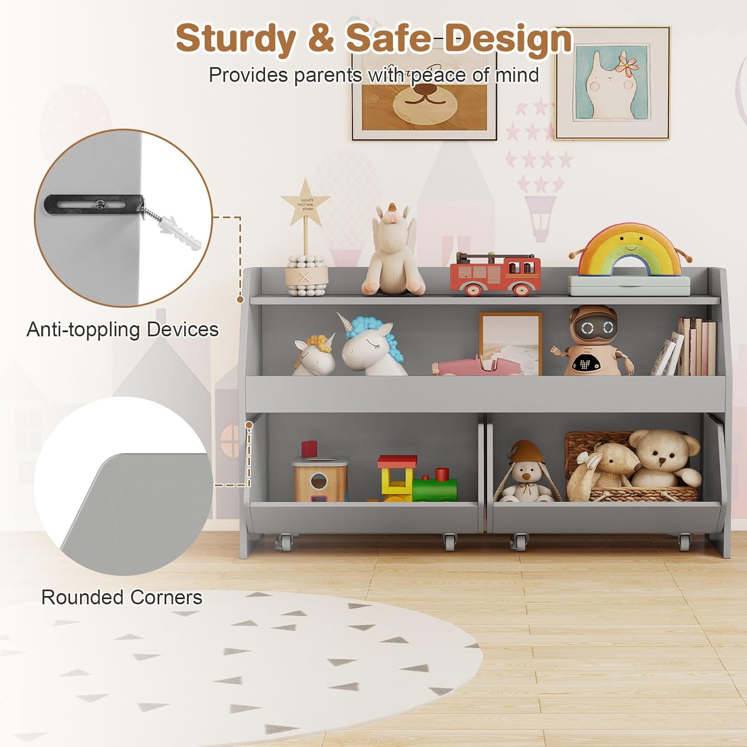 Grey Wheeled Kids Toy Storage Cabinet