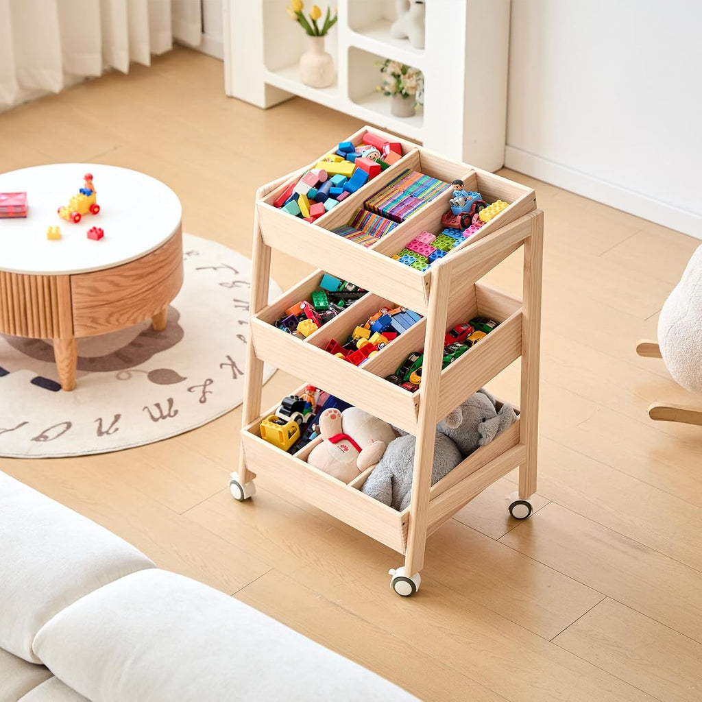 Wheeled Three-Tier Wooden Toy Rack