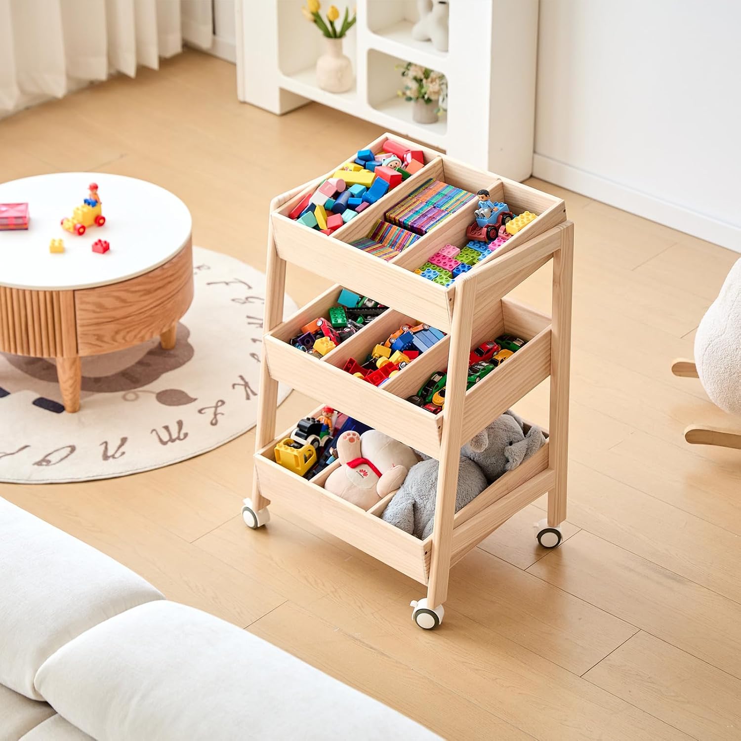 Wheeled Three-Tier Wooden Toy Rack