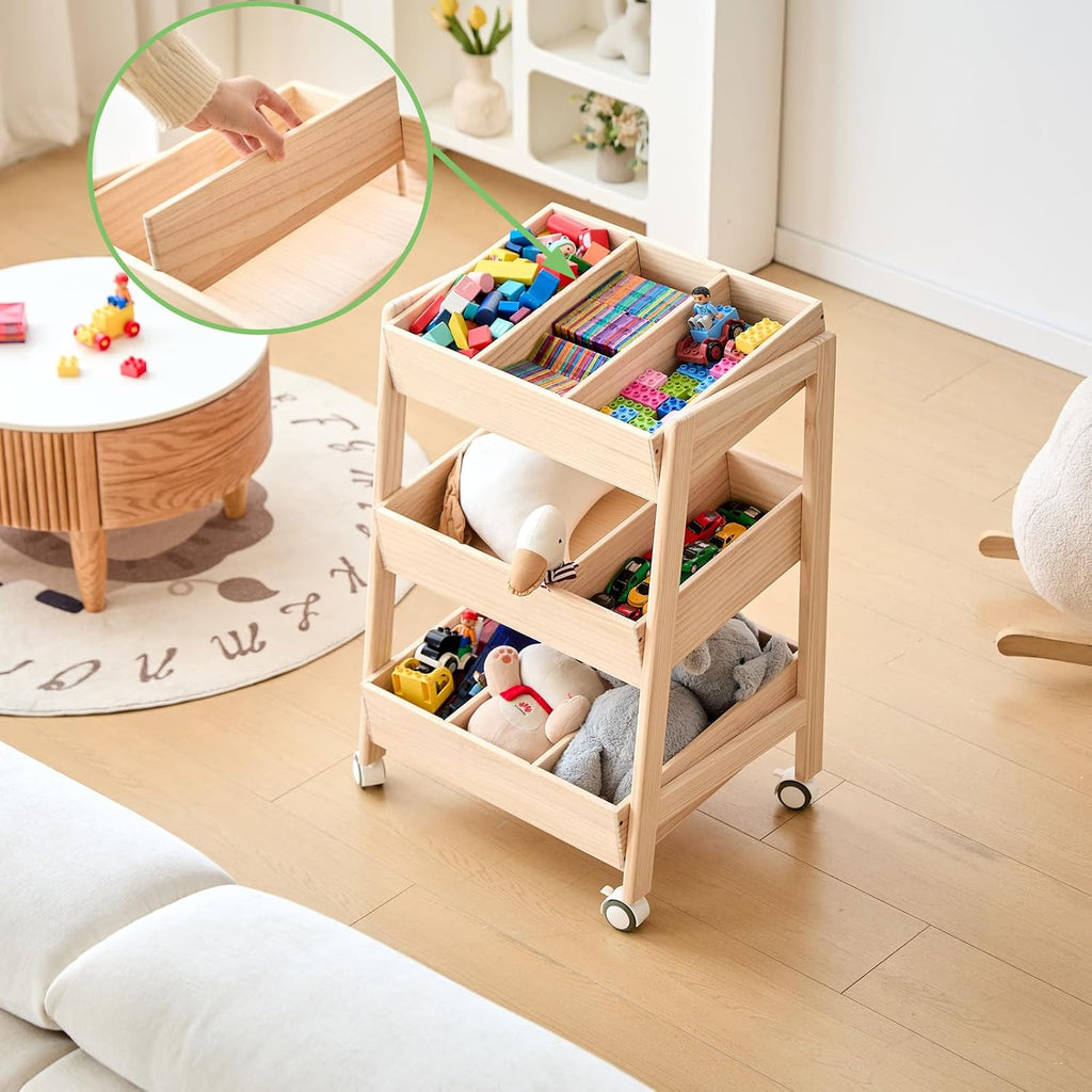 Wheeled Three-Tier Wooden Toy Rack