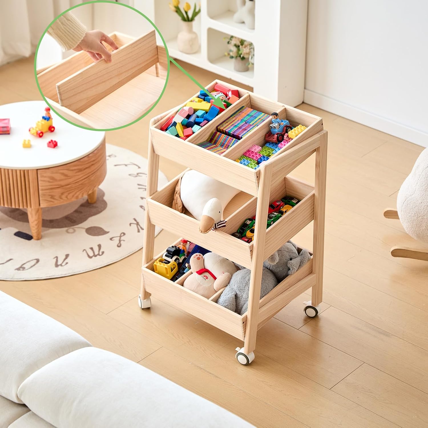 Wheeled Three-Tier Wooden Toy Rack