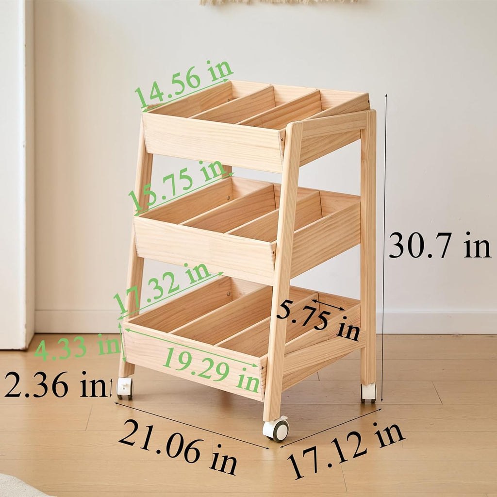 Wheeled Three-Tier Wooden Toy Rack
