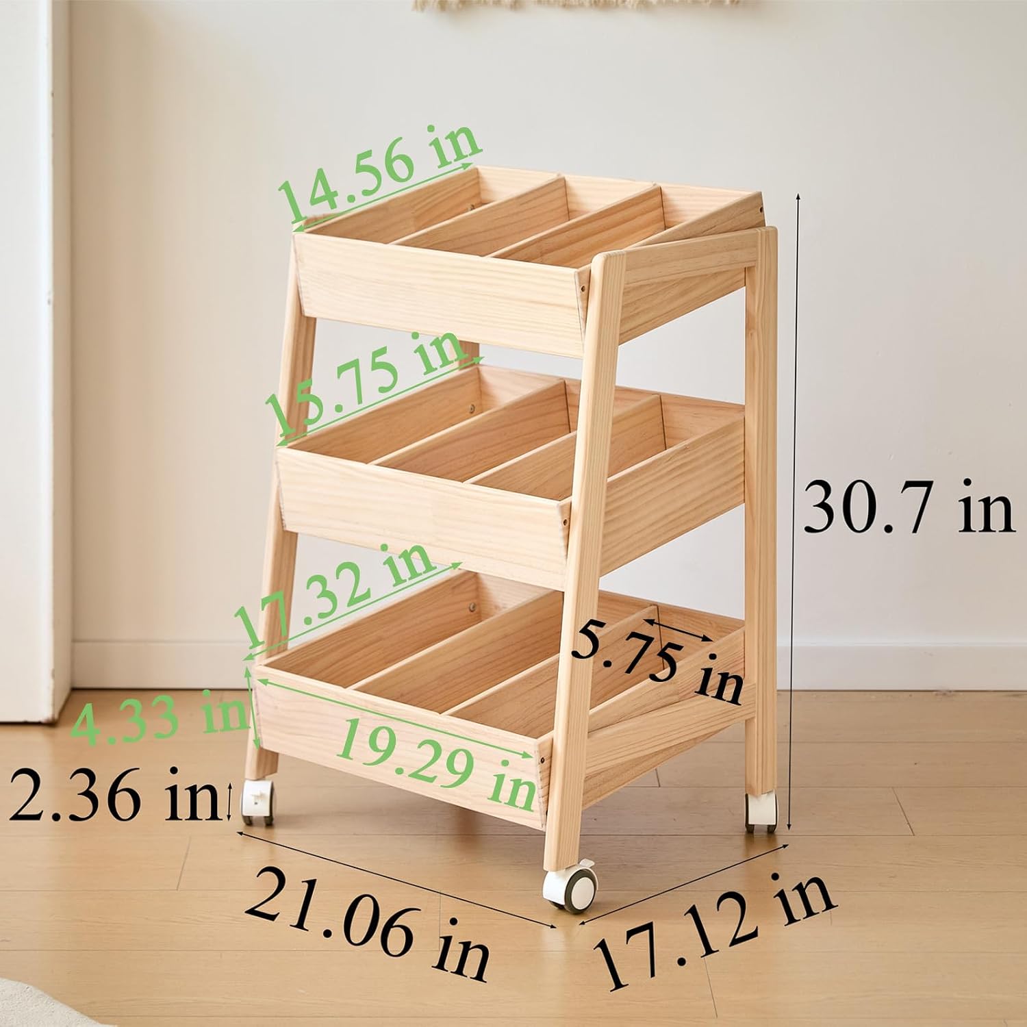 Wheeled Three-Tier Wooden Toy Rack