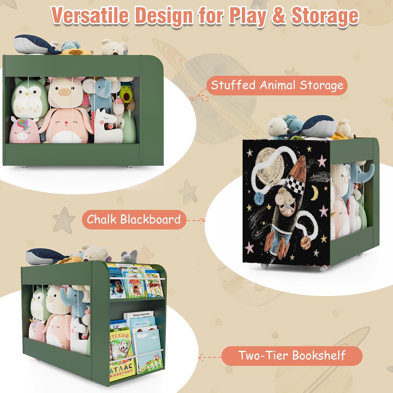 Wheeled Wooden Kids Storage Shelf