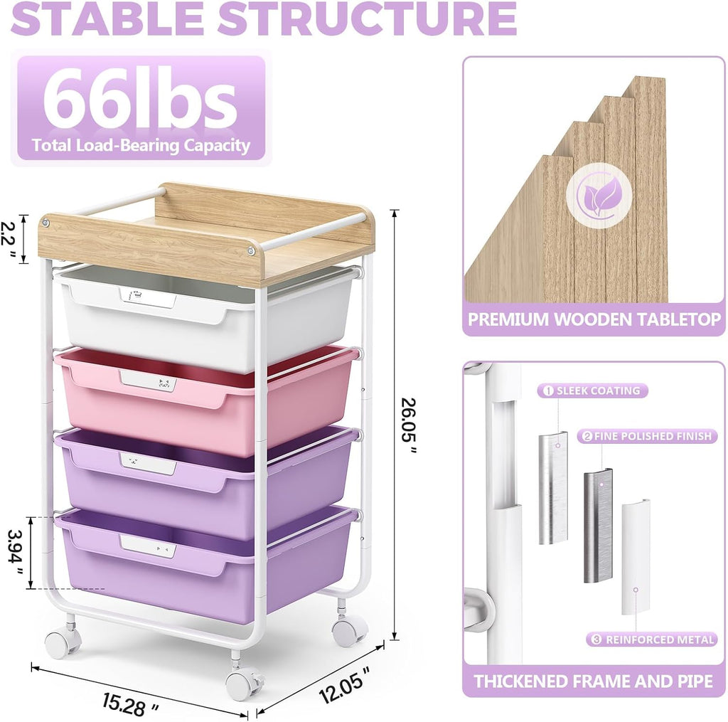 Purple Rolling Four Drawer Art Cart