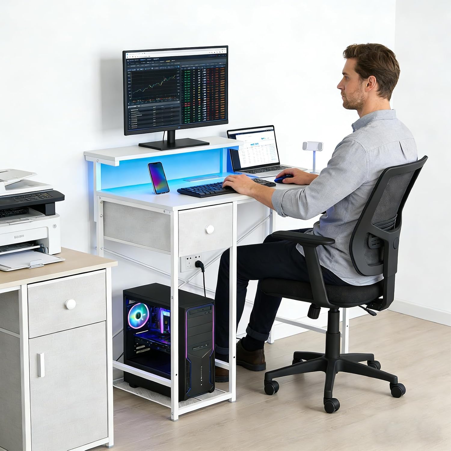 White Led Drawer Pc Desk