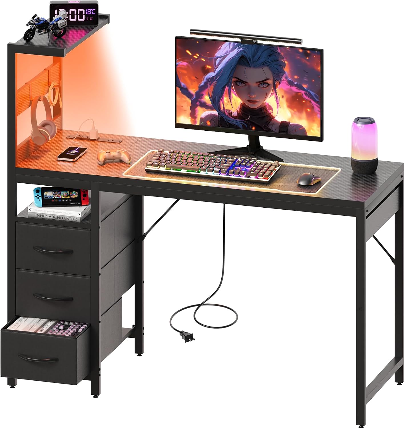 Black Led Drawer Gaming Desk