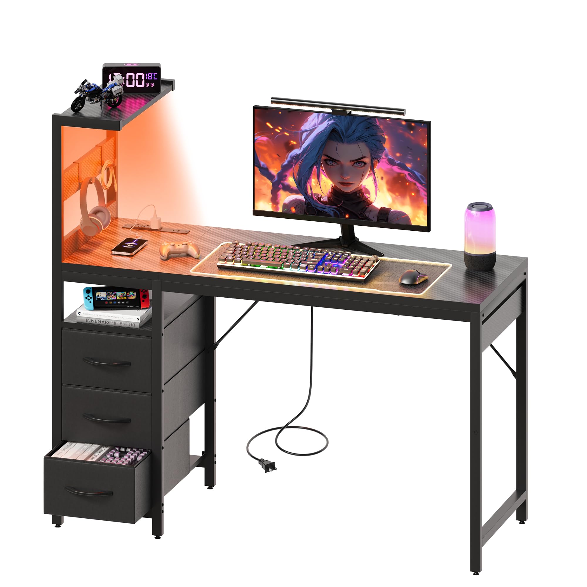 Black Led Drawer Gaming Desk