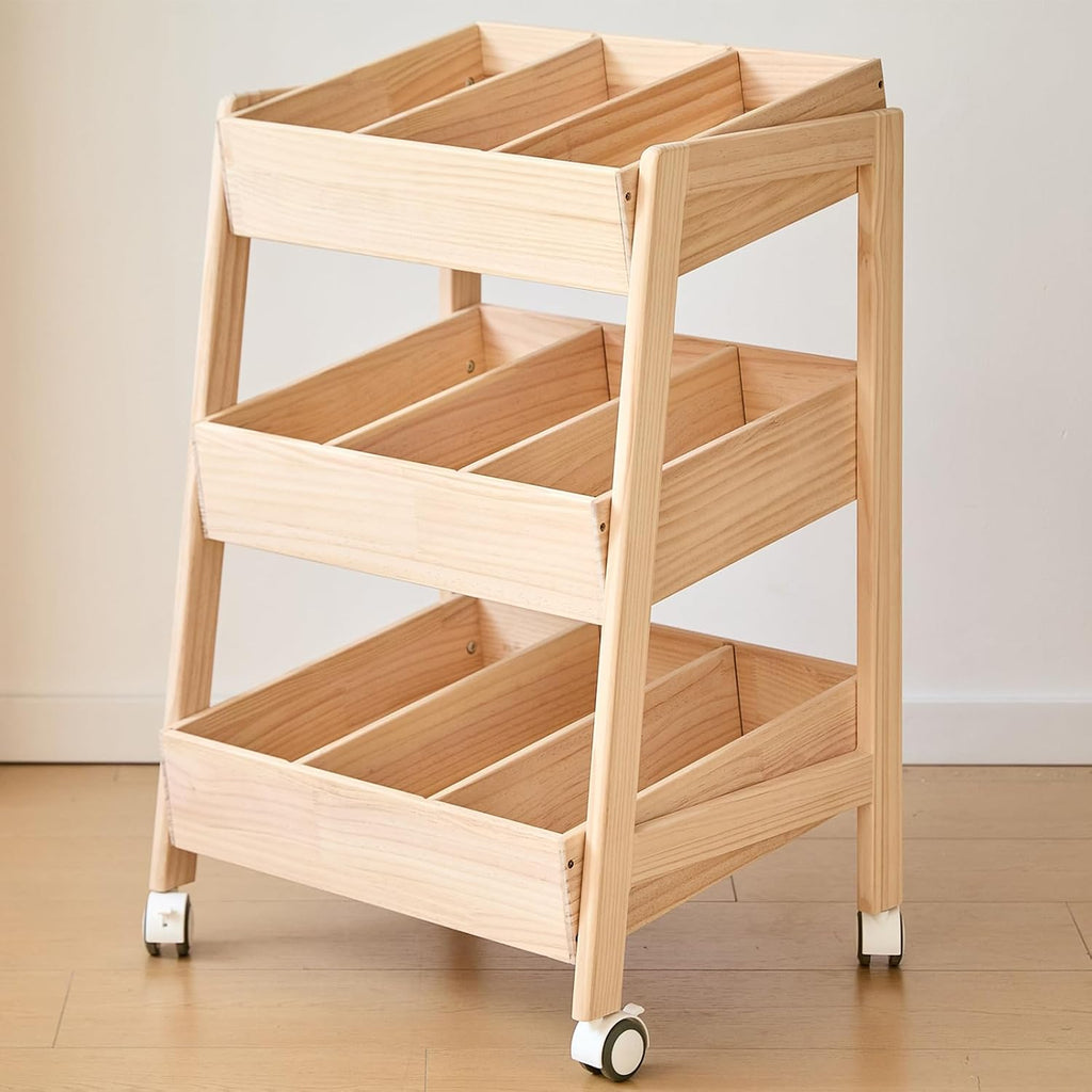 Wheeled Three-Tier Wooden Toy Rack