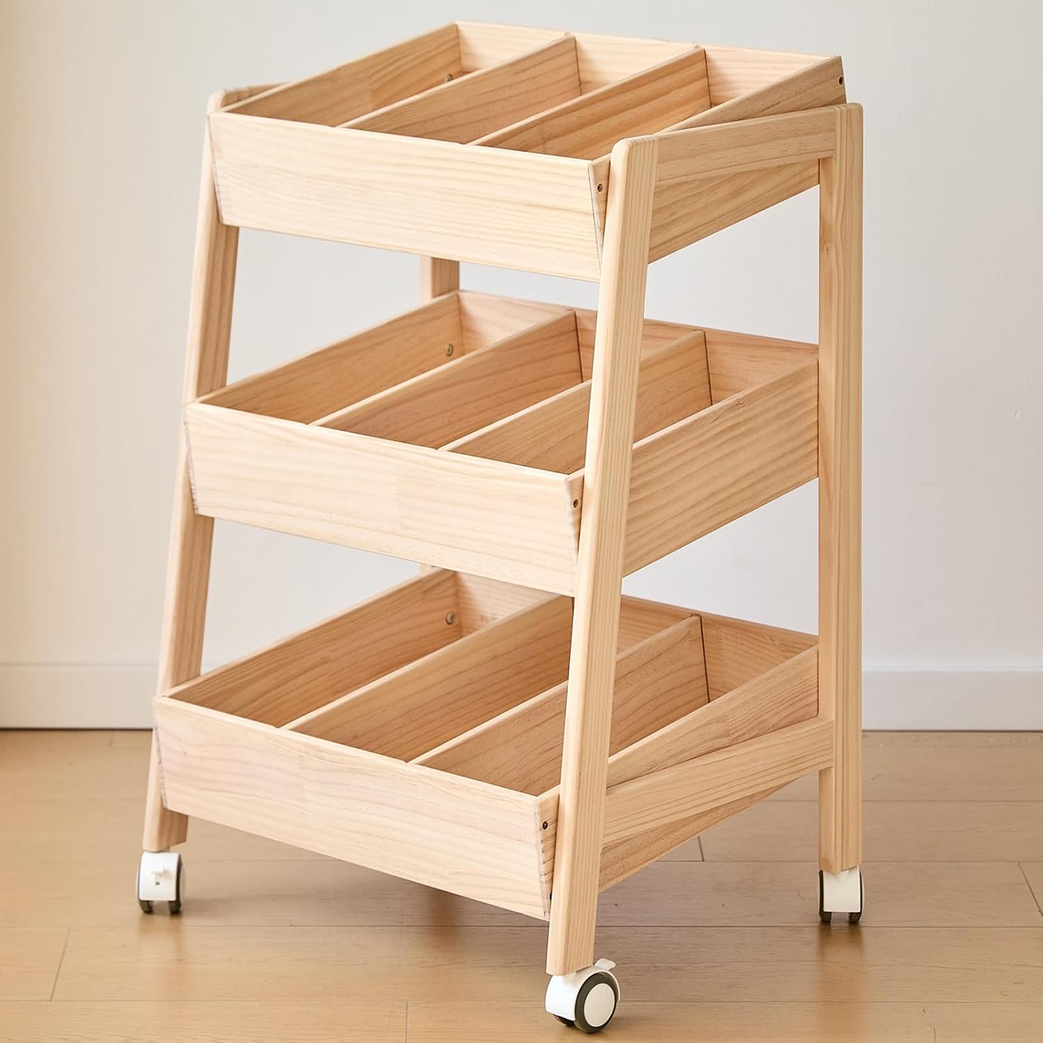 Wheeled Three-Tier Wooden Toy Rack