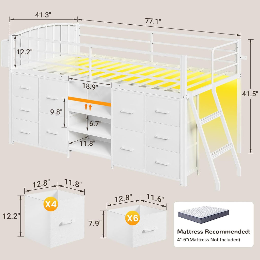 White Led Drawer Loft Bed