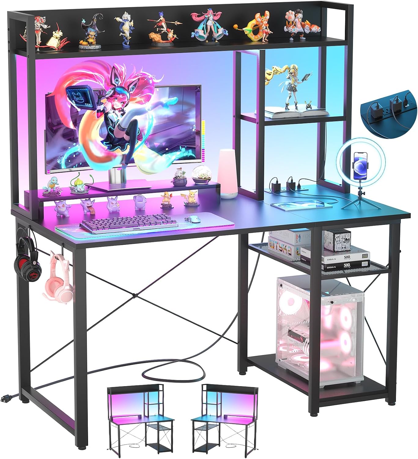 Black LED Hutch Gaming Desk