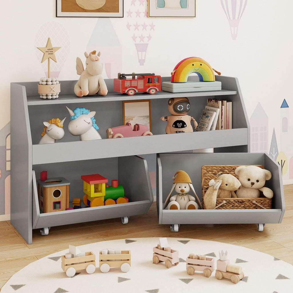 Grey Wheeled Kids Toy Storage Cabinet