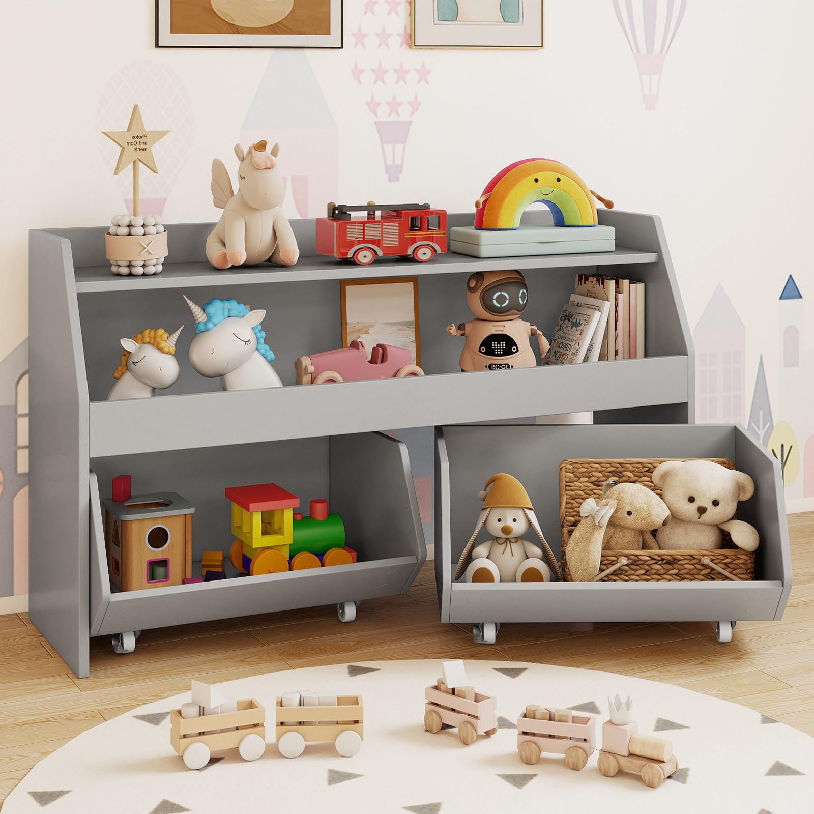Grey Wheeled Kids Toy Storage Cabinet