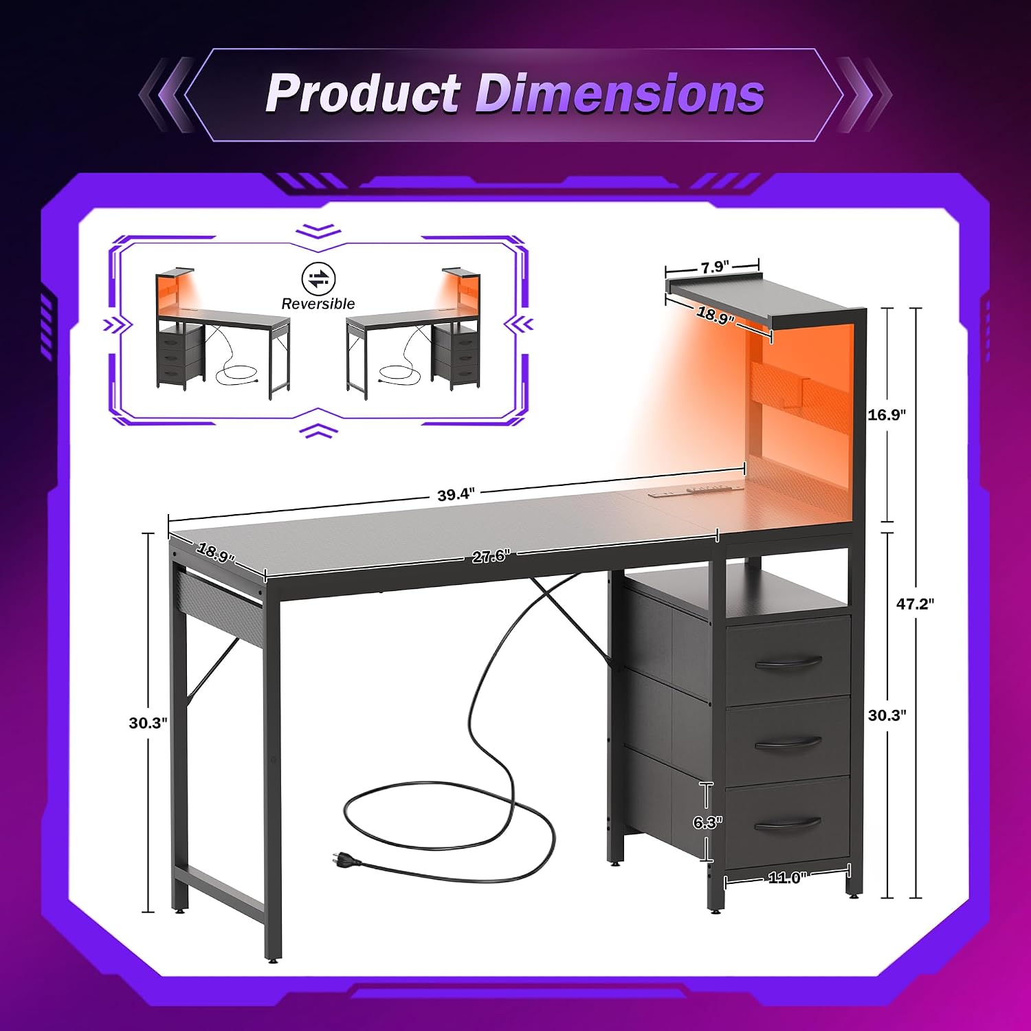 Black Led Drawer Gaming Desk