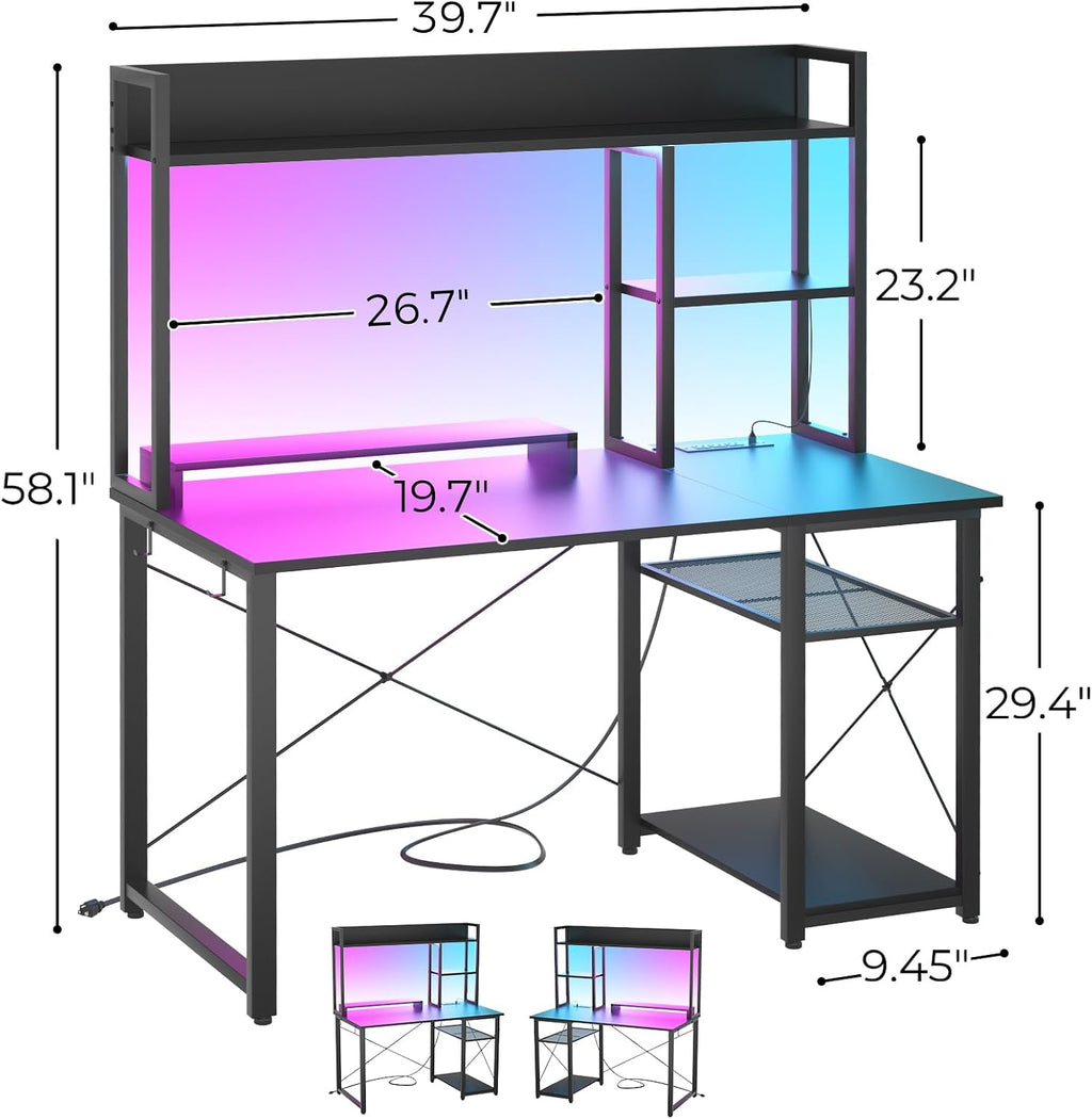 Black LED Hutch Gaming Desk