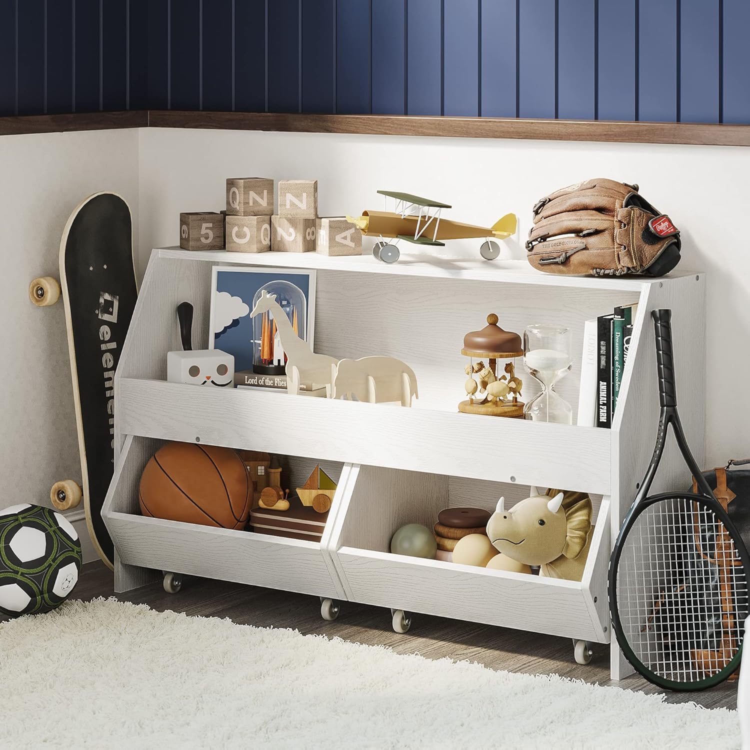 Wheeled Oak Kids Toy Storage Cabinet