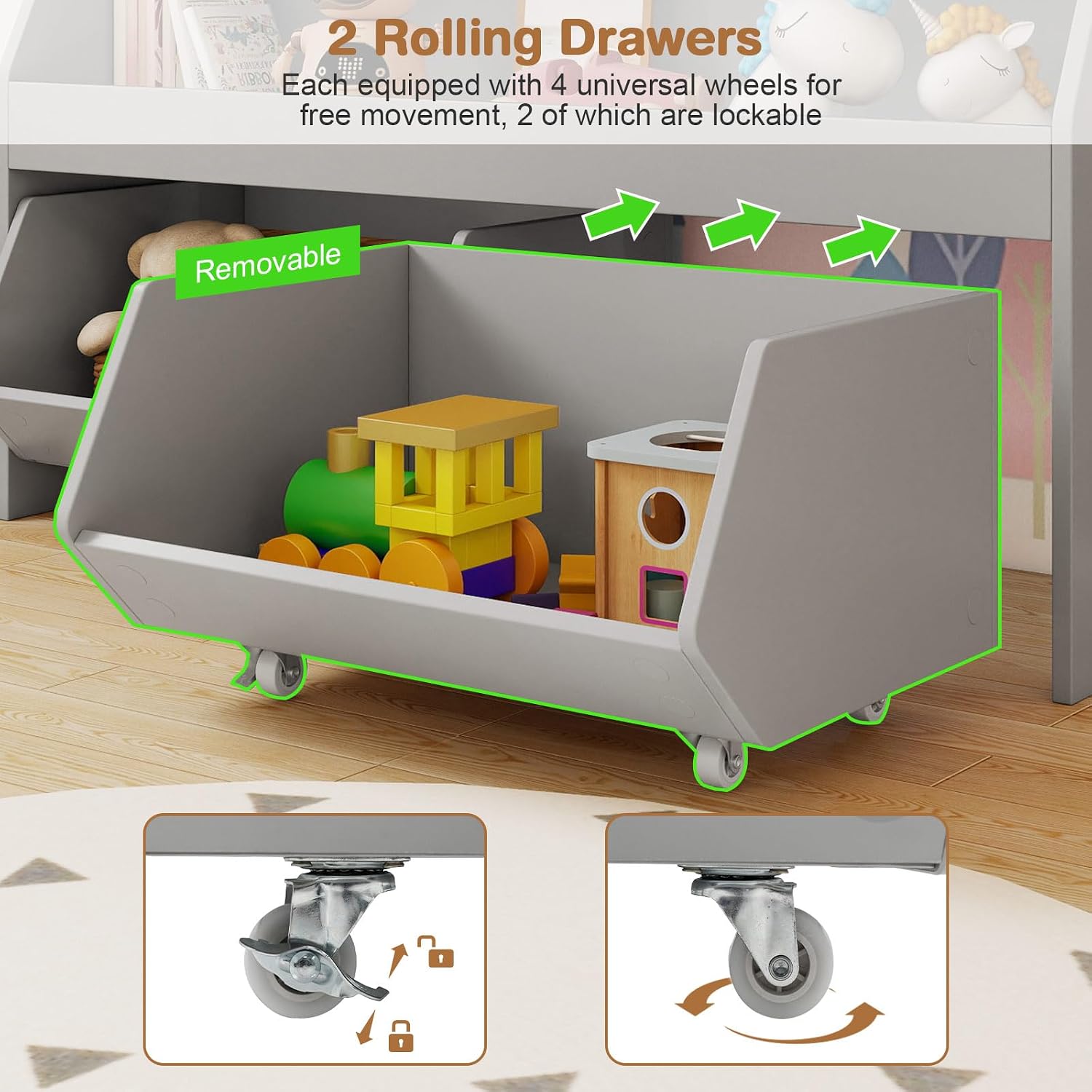 Grey Wheeled Kids Toy Storage Cabinet