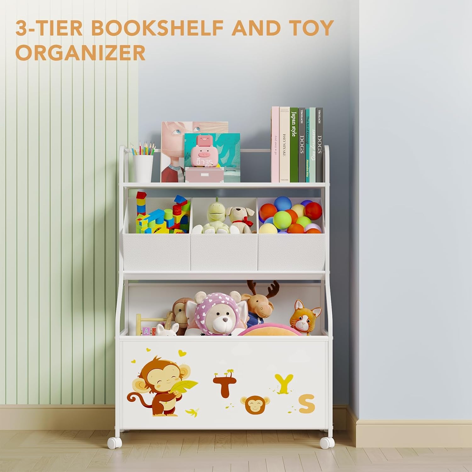 White Wheeled Three-Tier Toy Rack