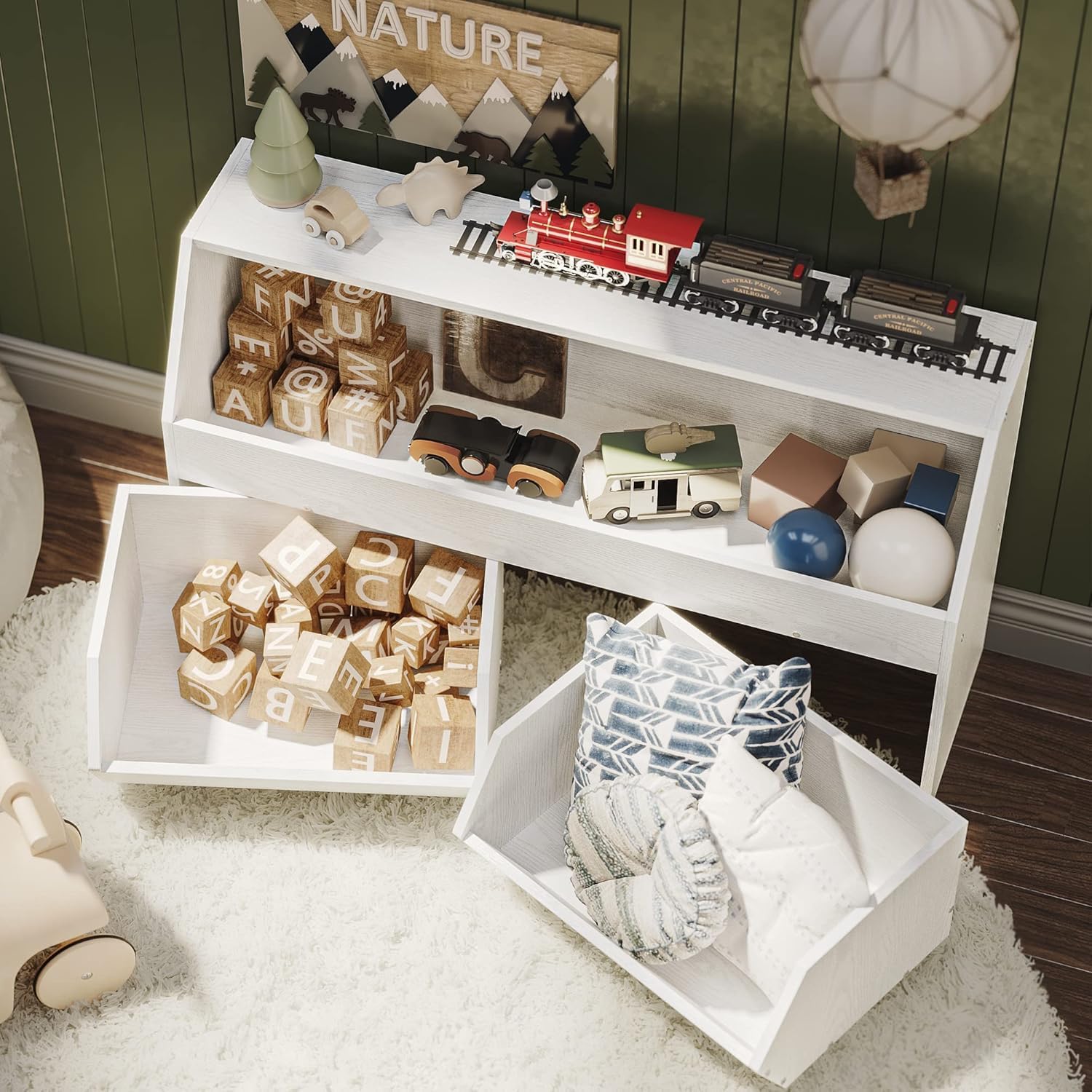 Wheeled Oak Kids Toy Storage Cabinet