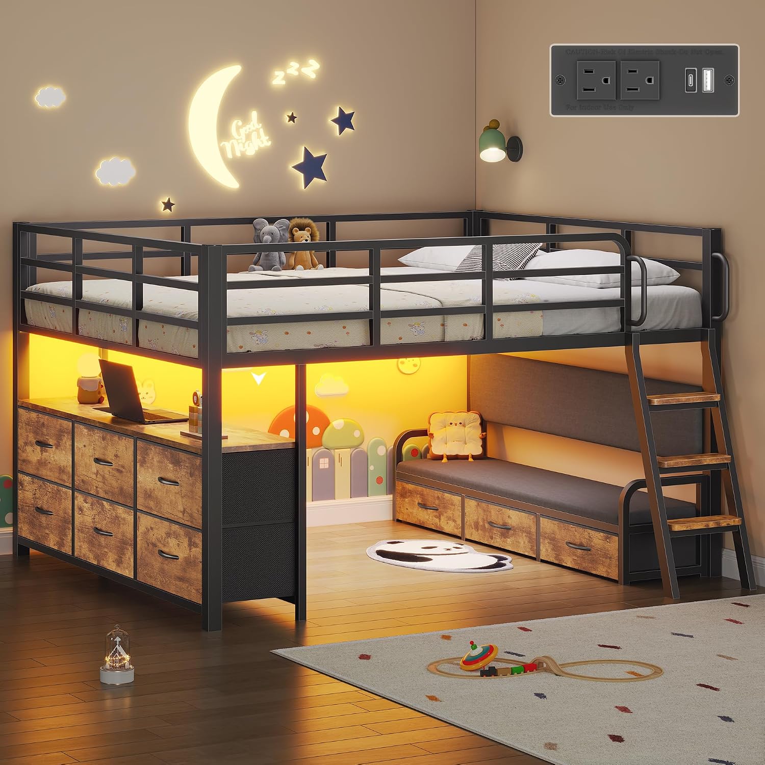 Brown LED Desk Loft Bed
