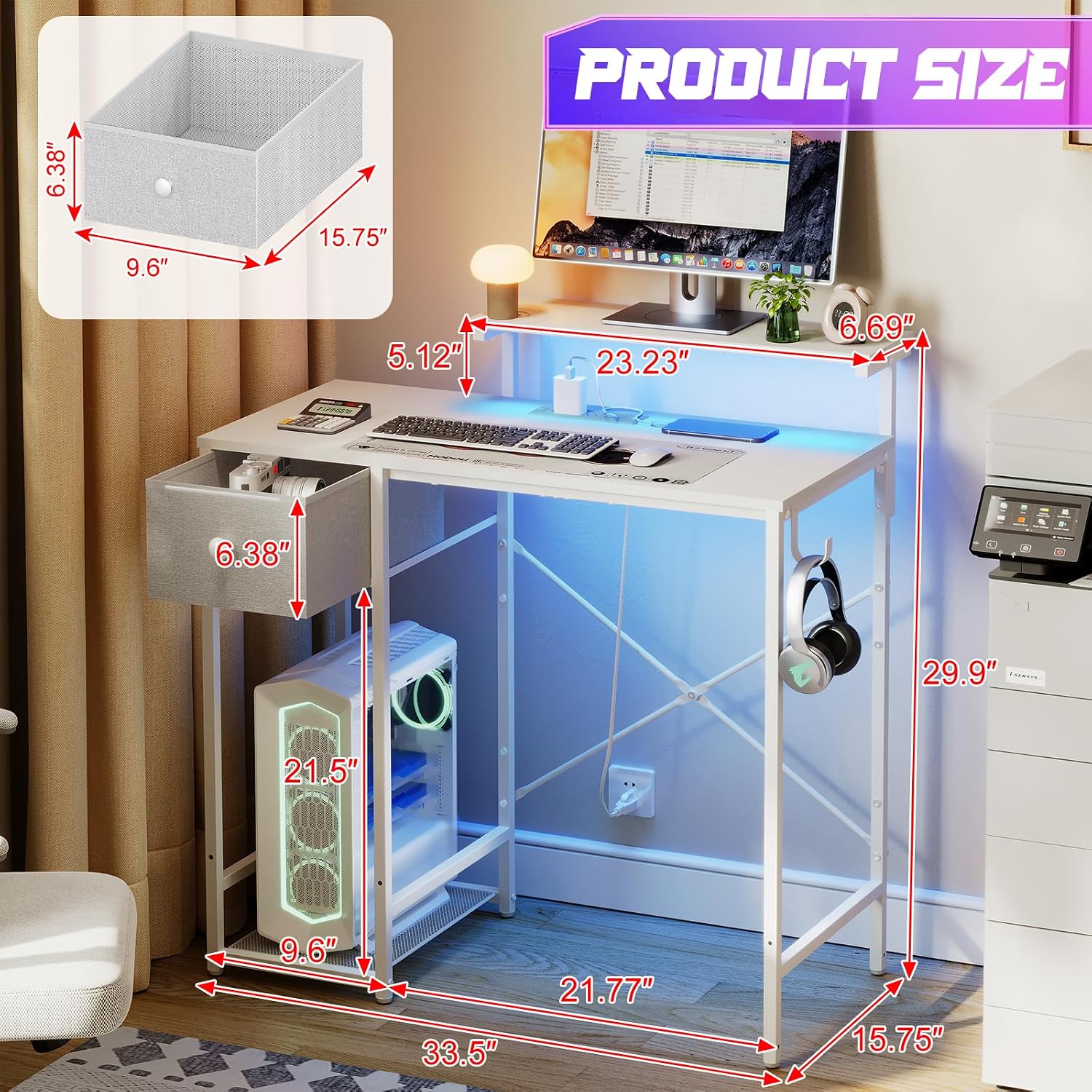 White Led Drawer Pc Desk