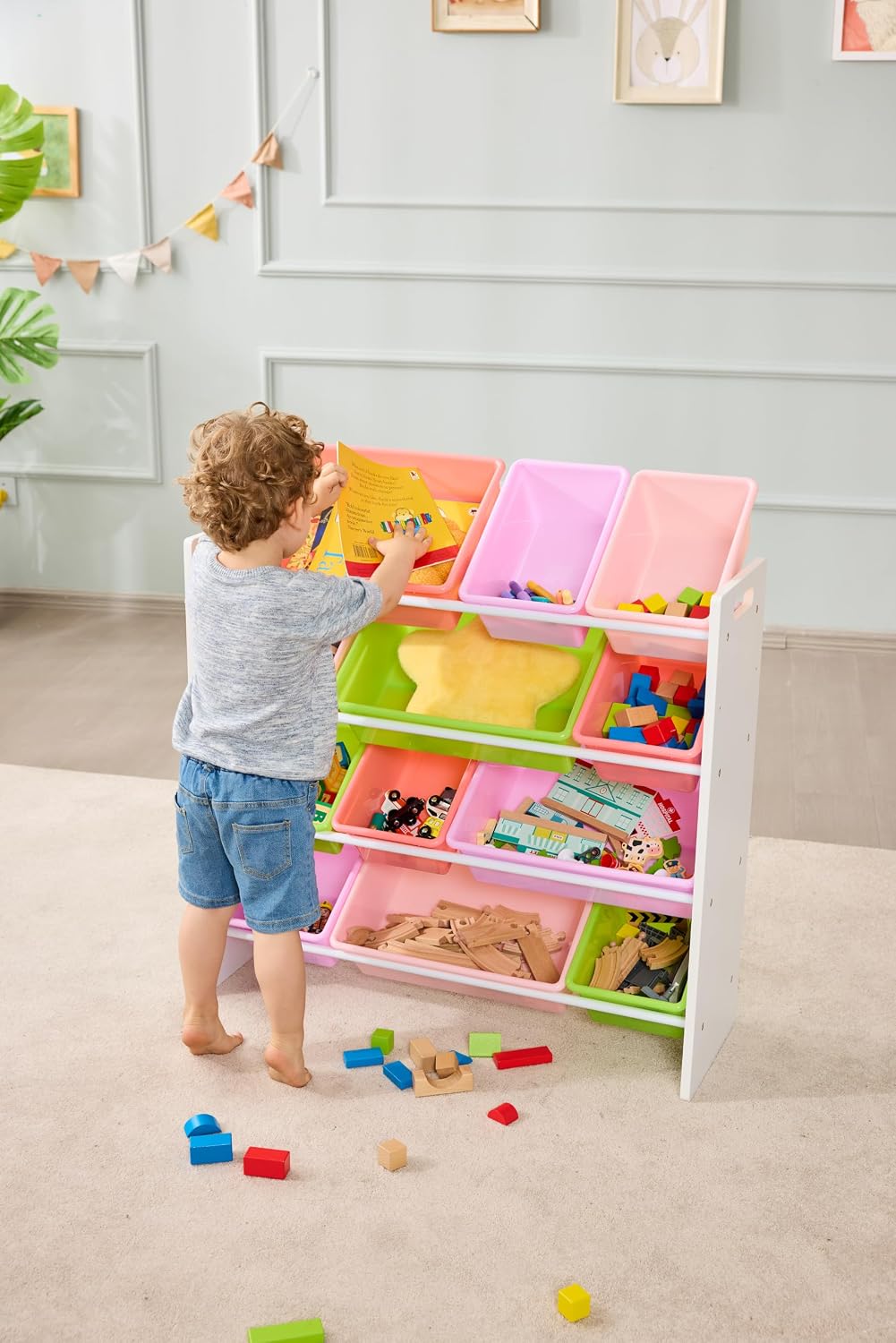 White Pink Bin Kids Storage Unit