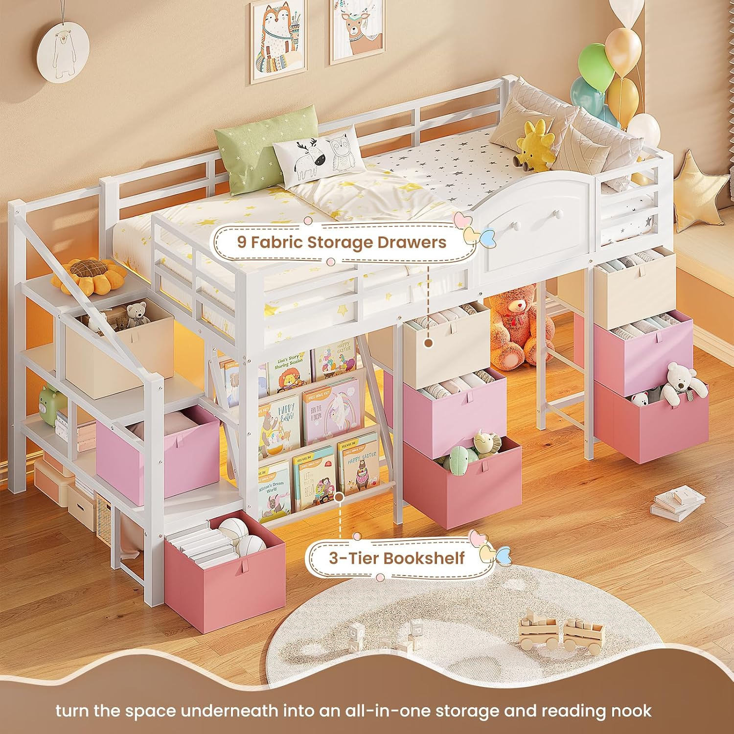White LED Drawer Loft Bed