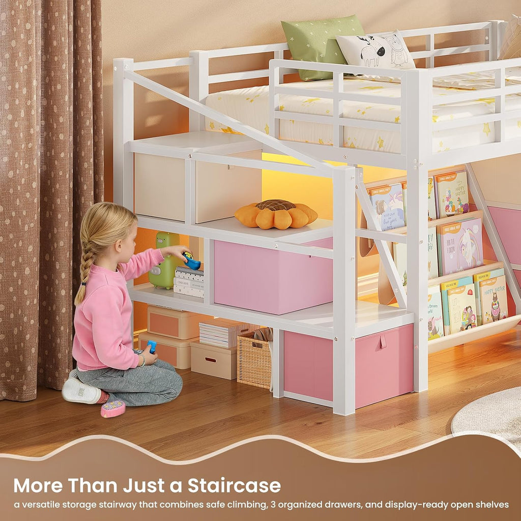 White LED Drawer Loft Bed