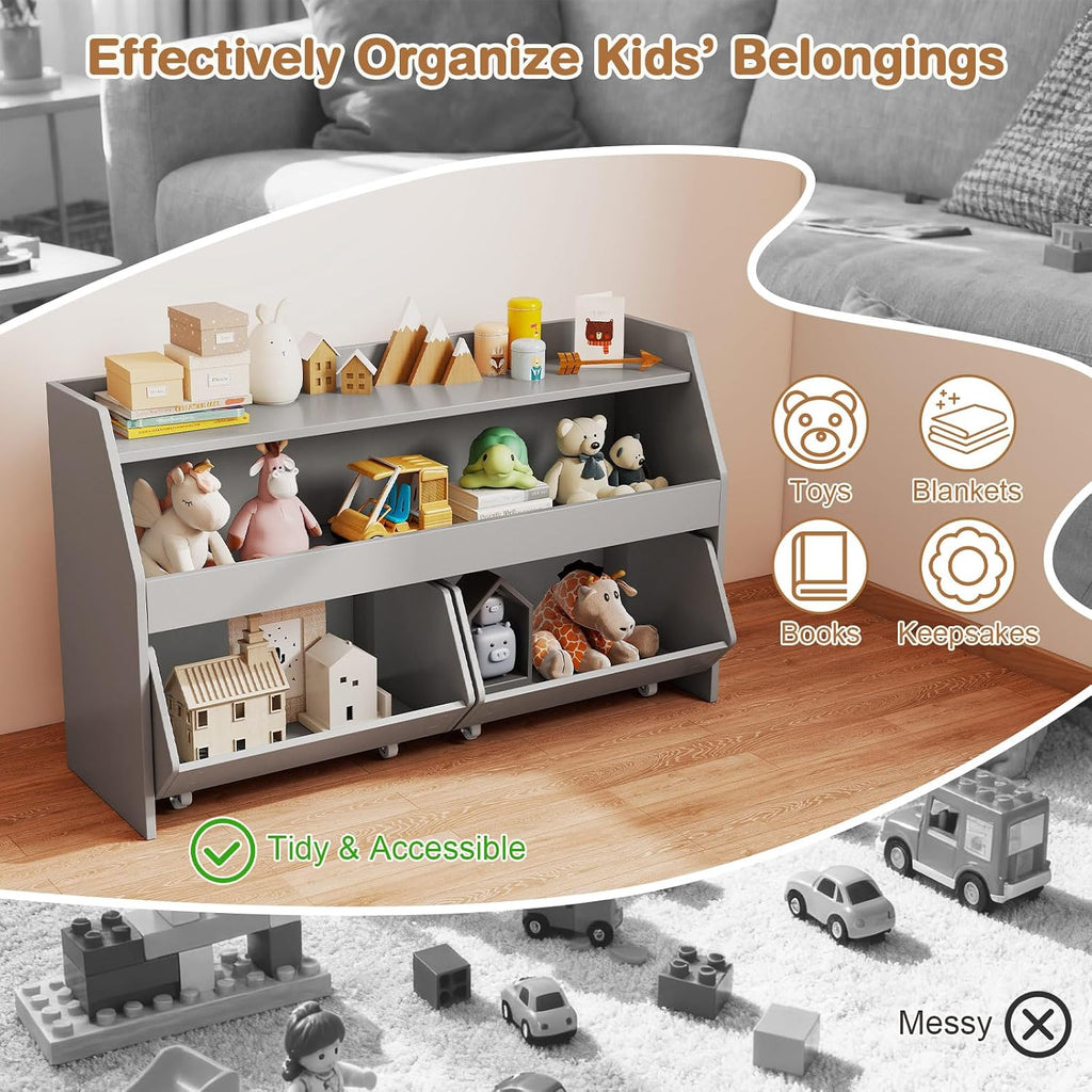 Grey Wheeled Kids Toy Storage Cabinet