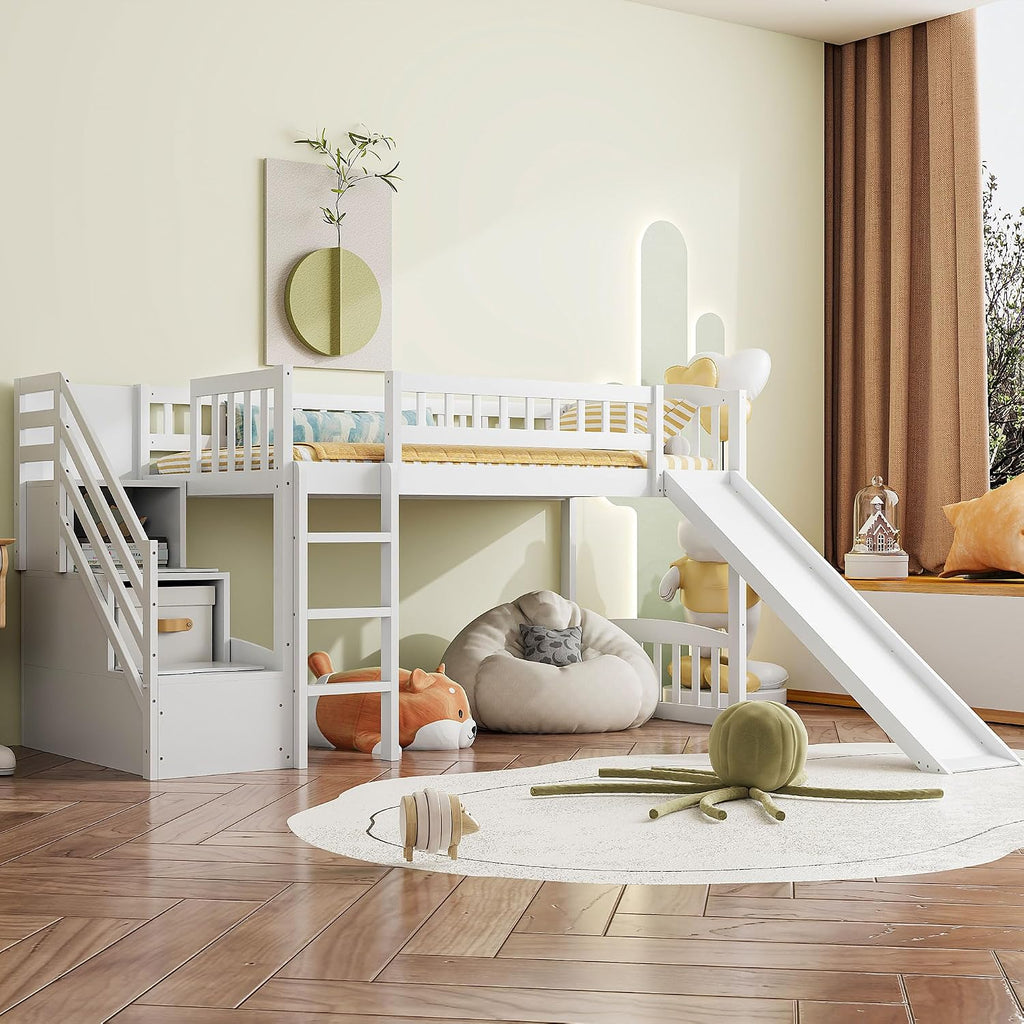 White Slide Stair Loft Bed