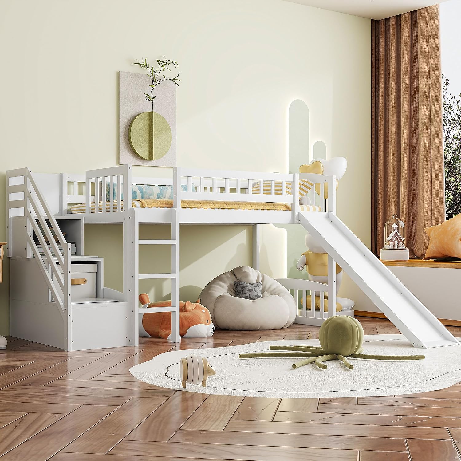 White Slide Stair Loft Bed