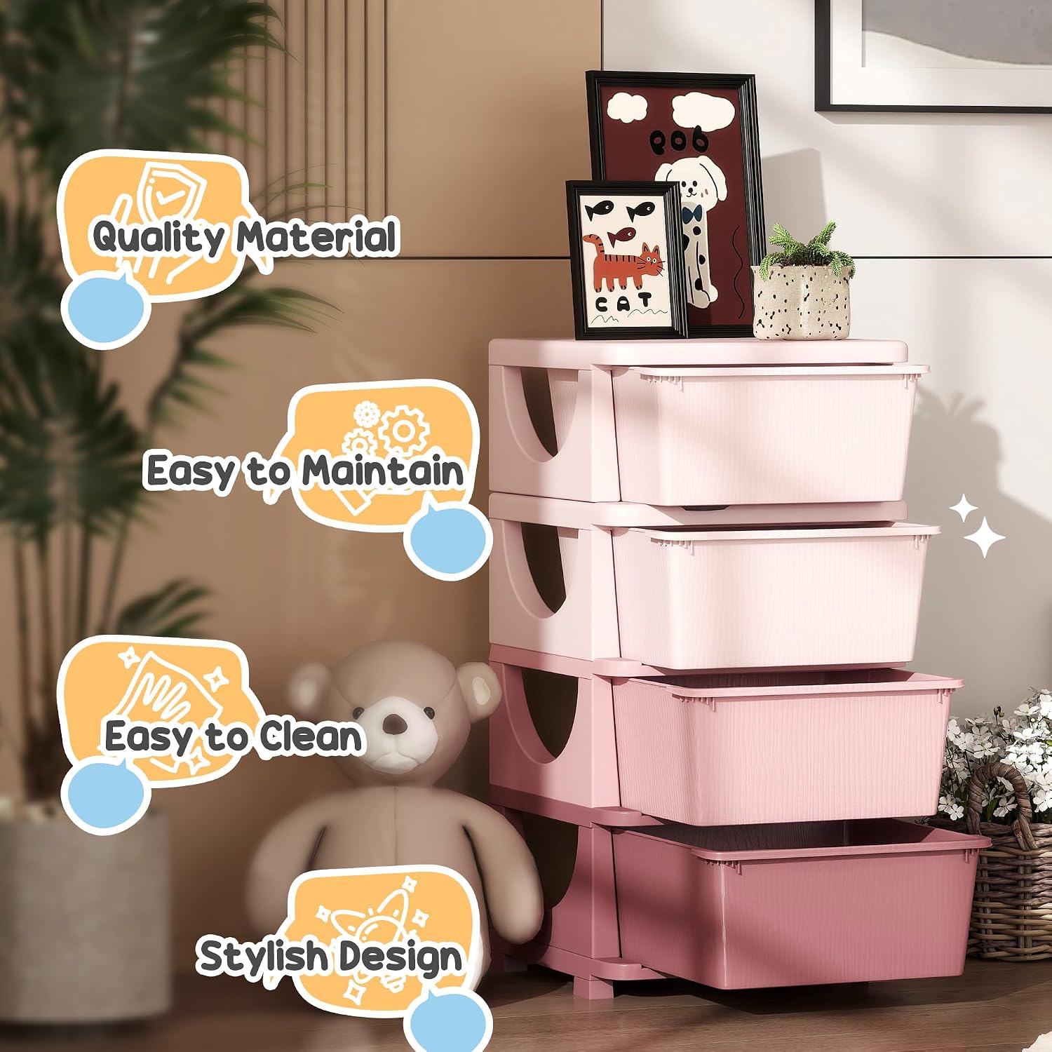 Pink Four Drawer Kids Storage Unit