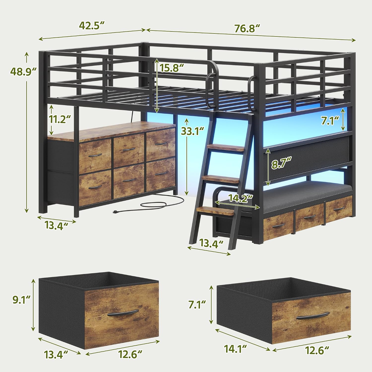 Brown LED Desk Loft Bed