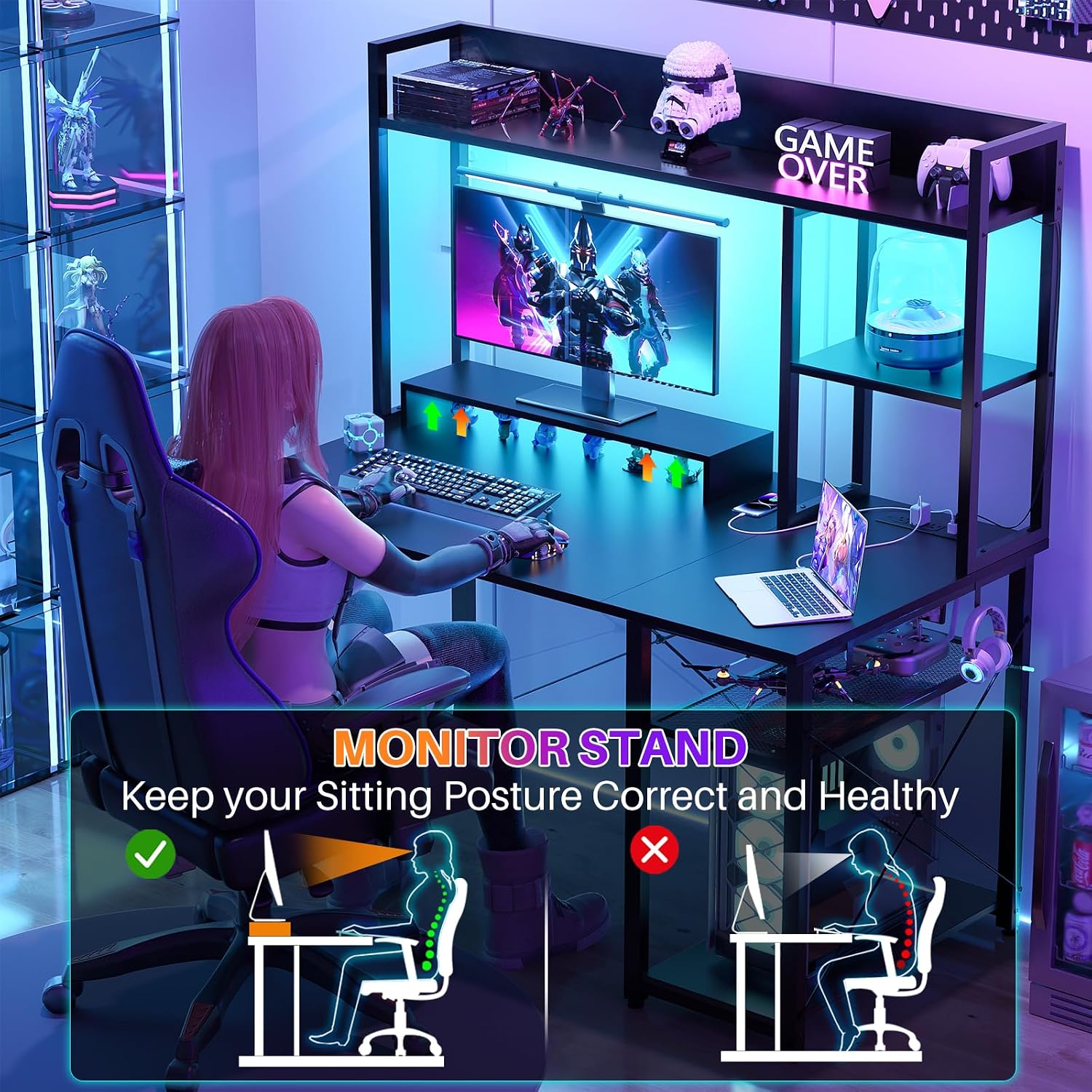 Black LED Hutch Gaming Desk