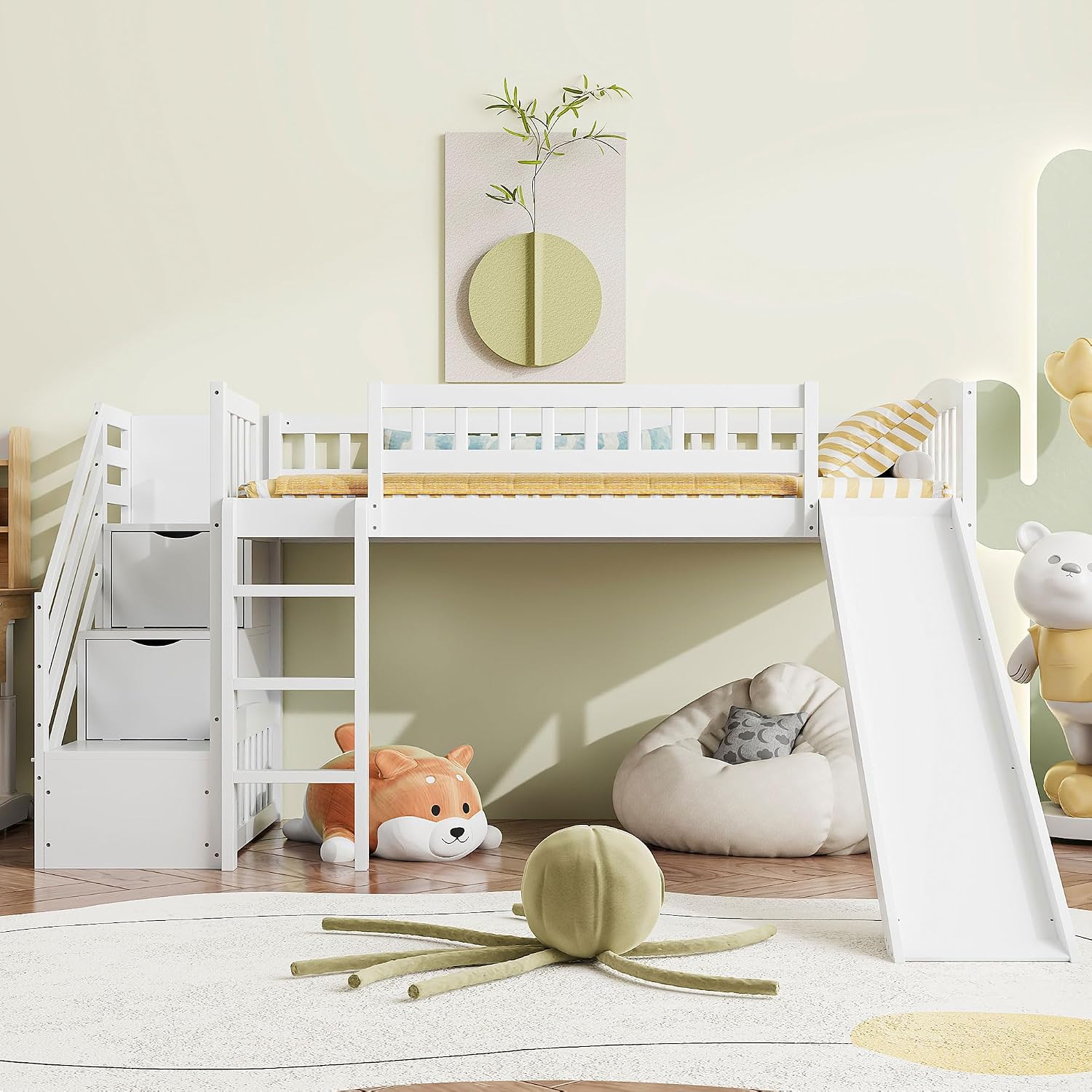 White Slide Stair Loft Bed