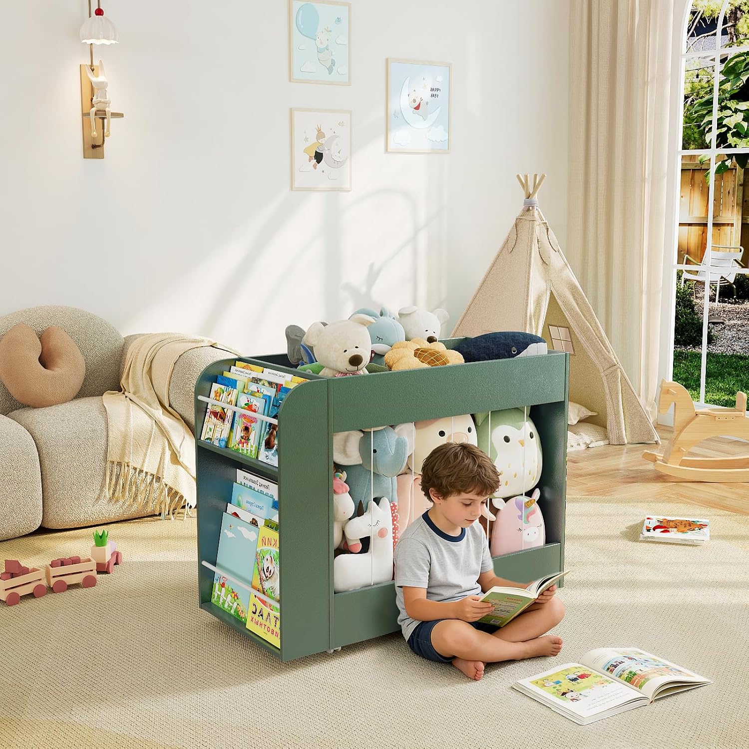 Wheeled Wooden Kids Storage Shelf