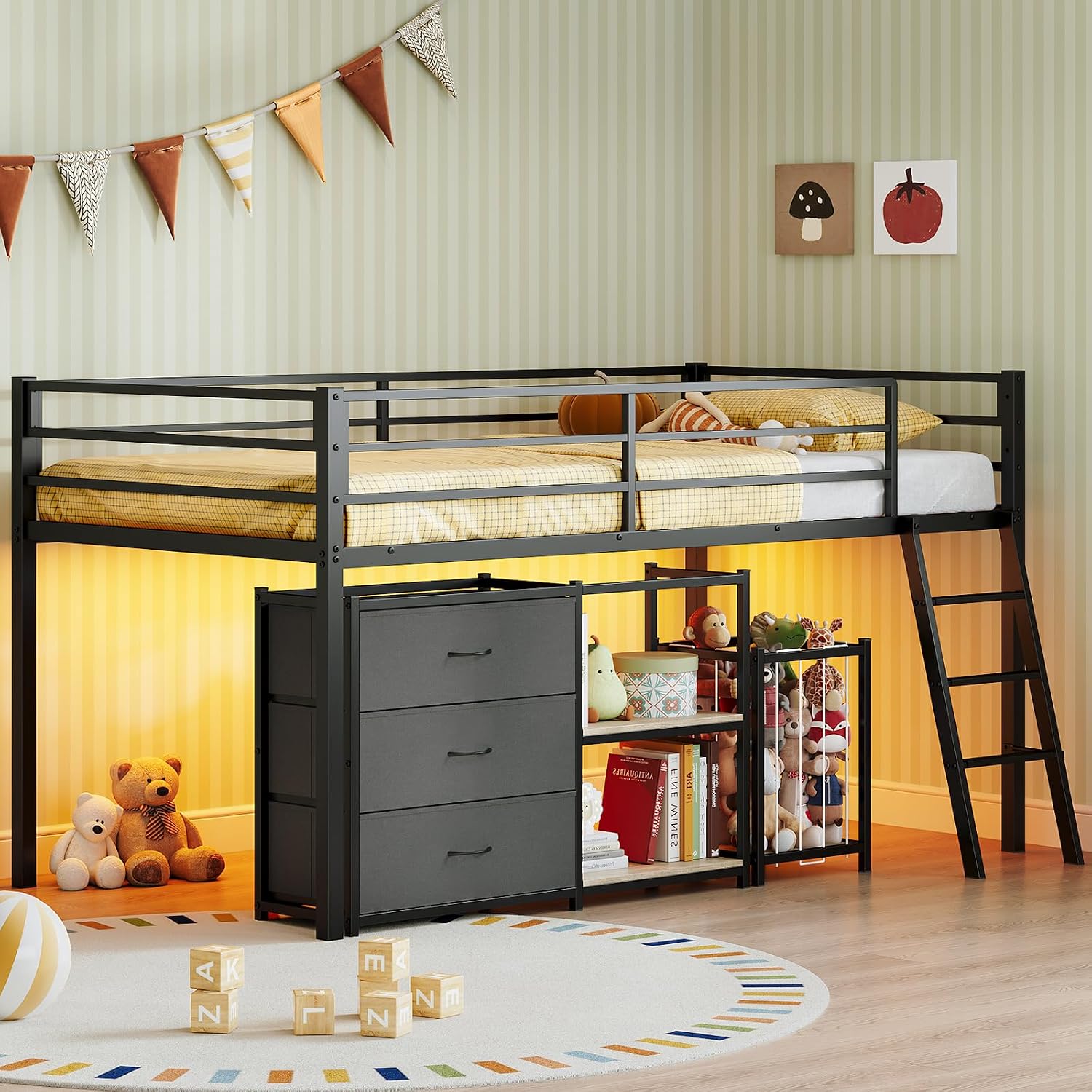 Black LED Drawer Loft Bed